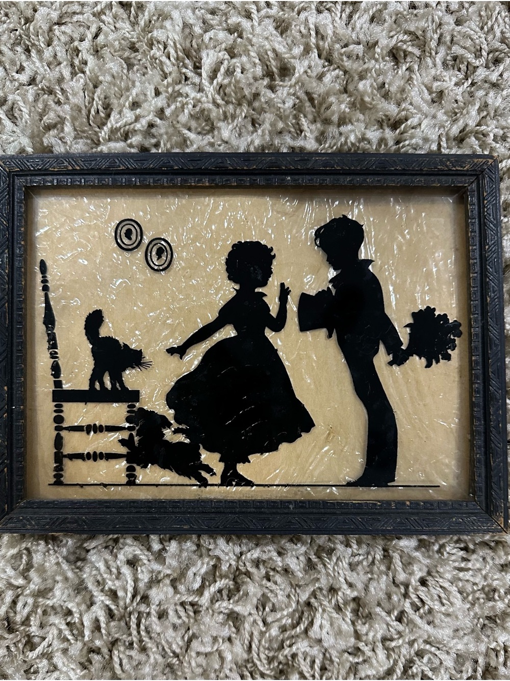 Antique Black Silhouette Romantic Couple Wall Plaque in Cream